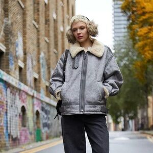 BDG Gray Shearling Lined Aviator Jacket